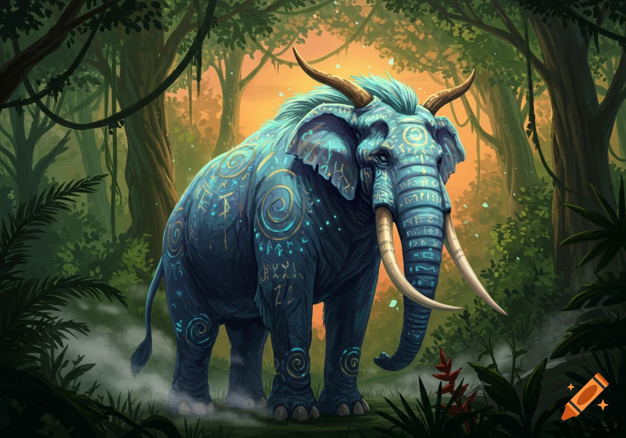 A majestic blue elephant with glowing runes and horns stands in a lush, vibrant jungle.
