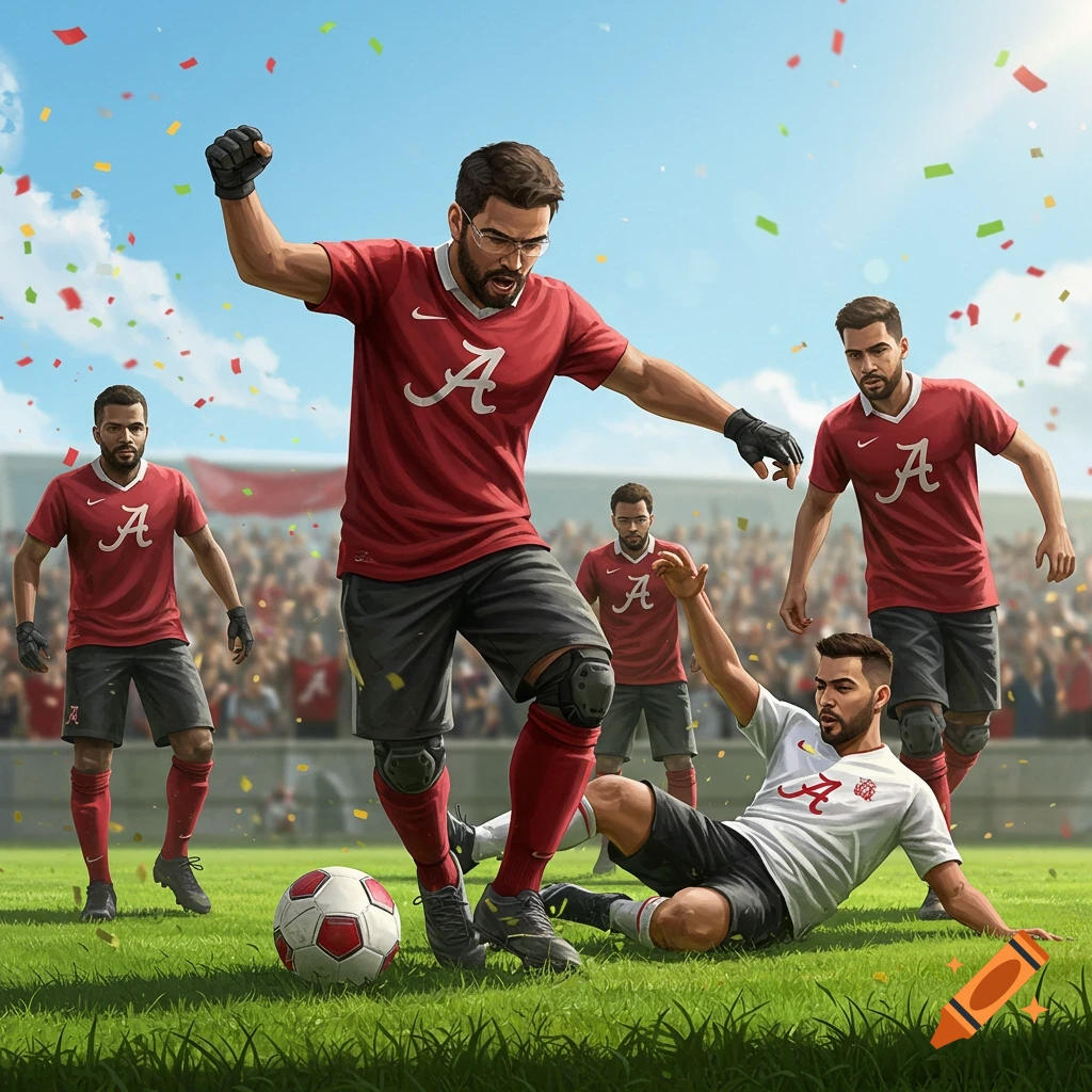 Soccer players in red and white uniforms on a green field with confetti. One player is on the ground, another stands over a ball.