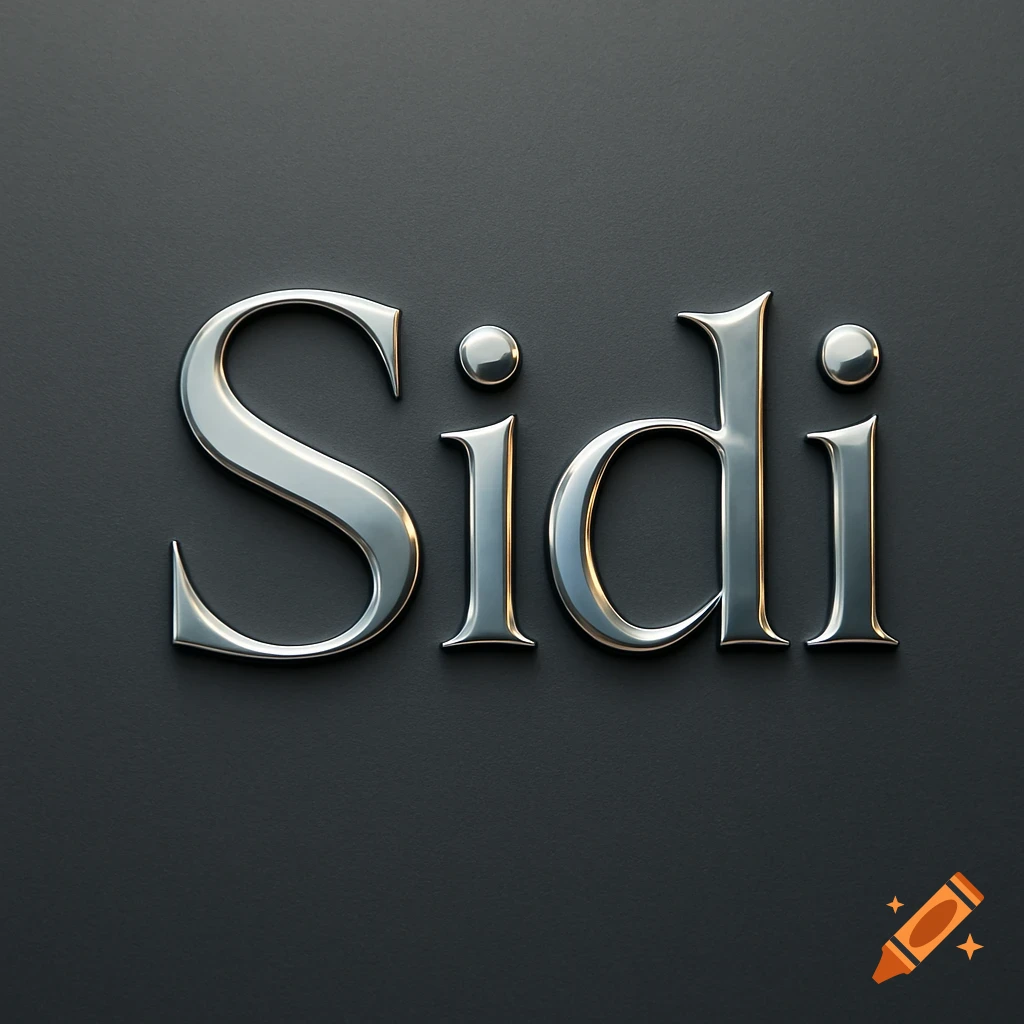A silver, metallic 3D rendering of the word "Sidi" on a dark gray background.