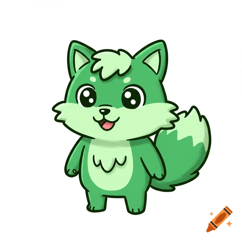 A happy green cartoon wolf with big eyes stands on a white background.