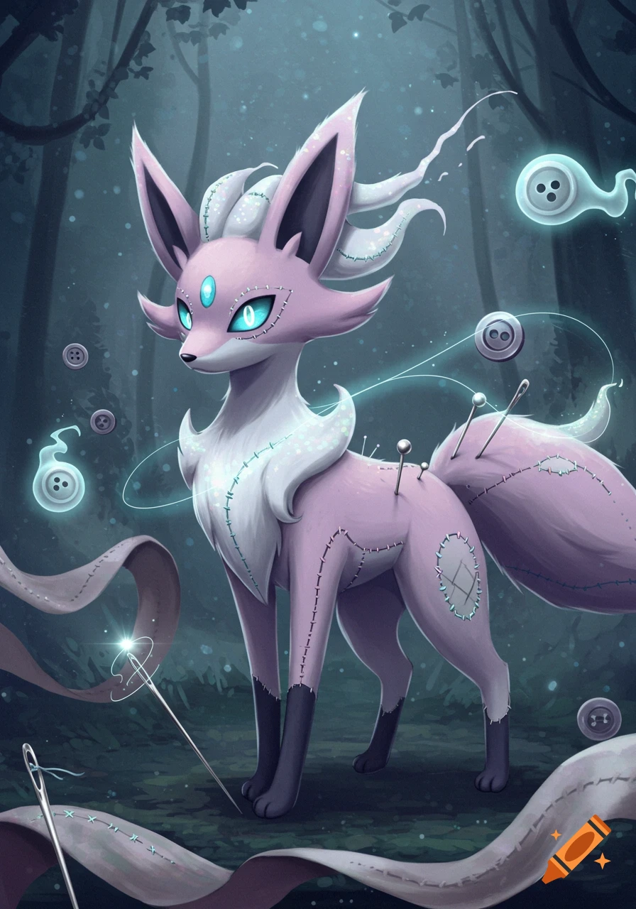 A purple, fox-like Pokémon resembling a stitched doll, with glowing blue eyes, surrounded by needles and ribbons.