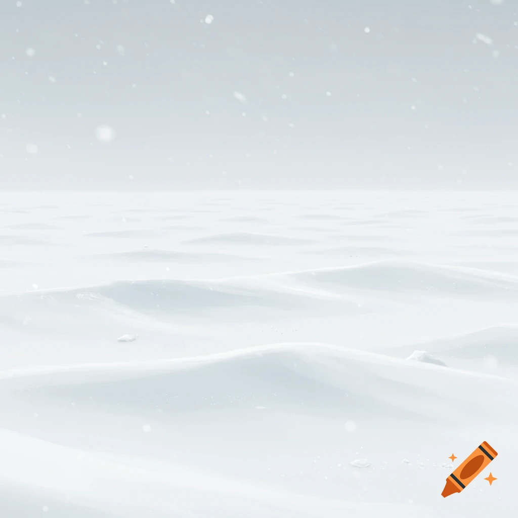 A minimalist, vast snowy landscape with gentle drifts and subtle falling snow under a bright, overcast sky.