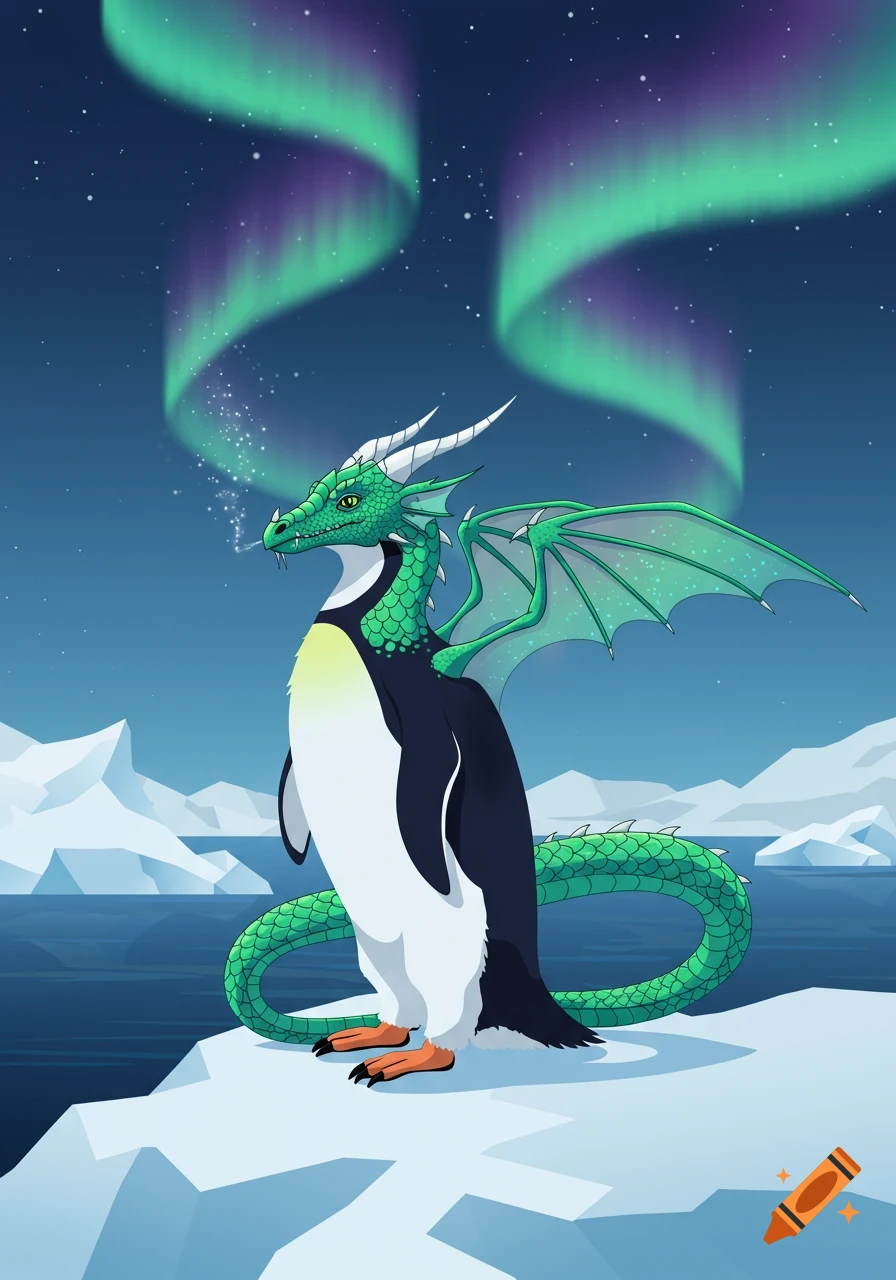 A stylized illustration of a green dragon-penguin hybrid standing on an iceberg under the green and purple aurora borealis in an arctic landscape.