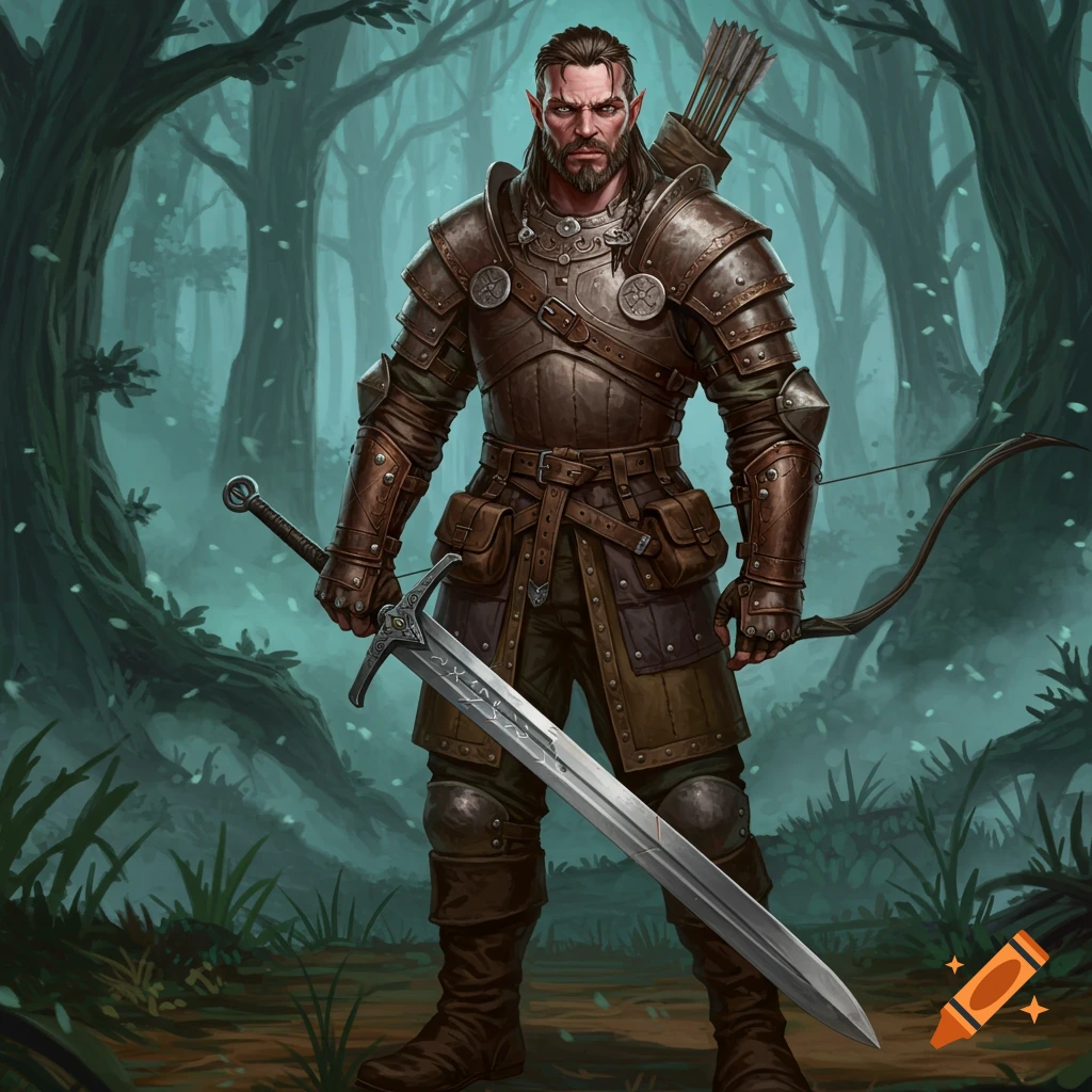 A male fantasy fighter, with pointed ears and a beard, in detailed brown leather armor holds a large two-handed sword, with a bow and quiver on his back, standing in a misty forest.