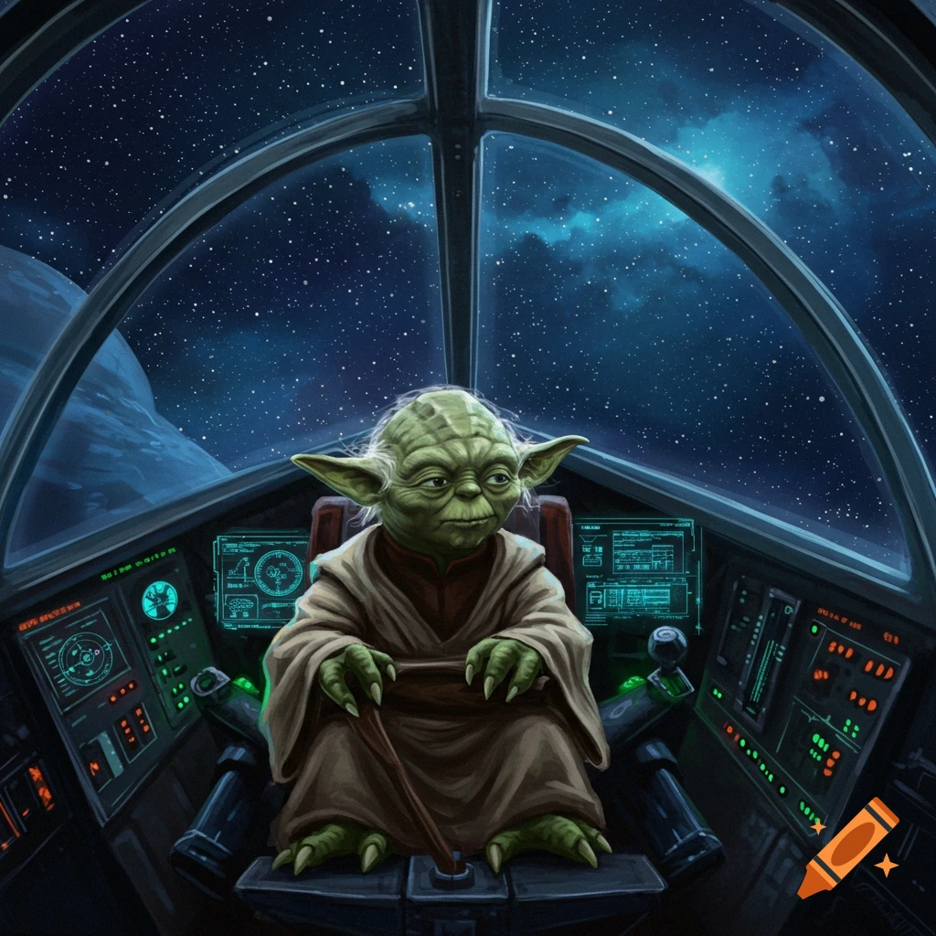 An illustration of Yoda piloting a spaceship, looking out at a starry blue galaxy.