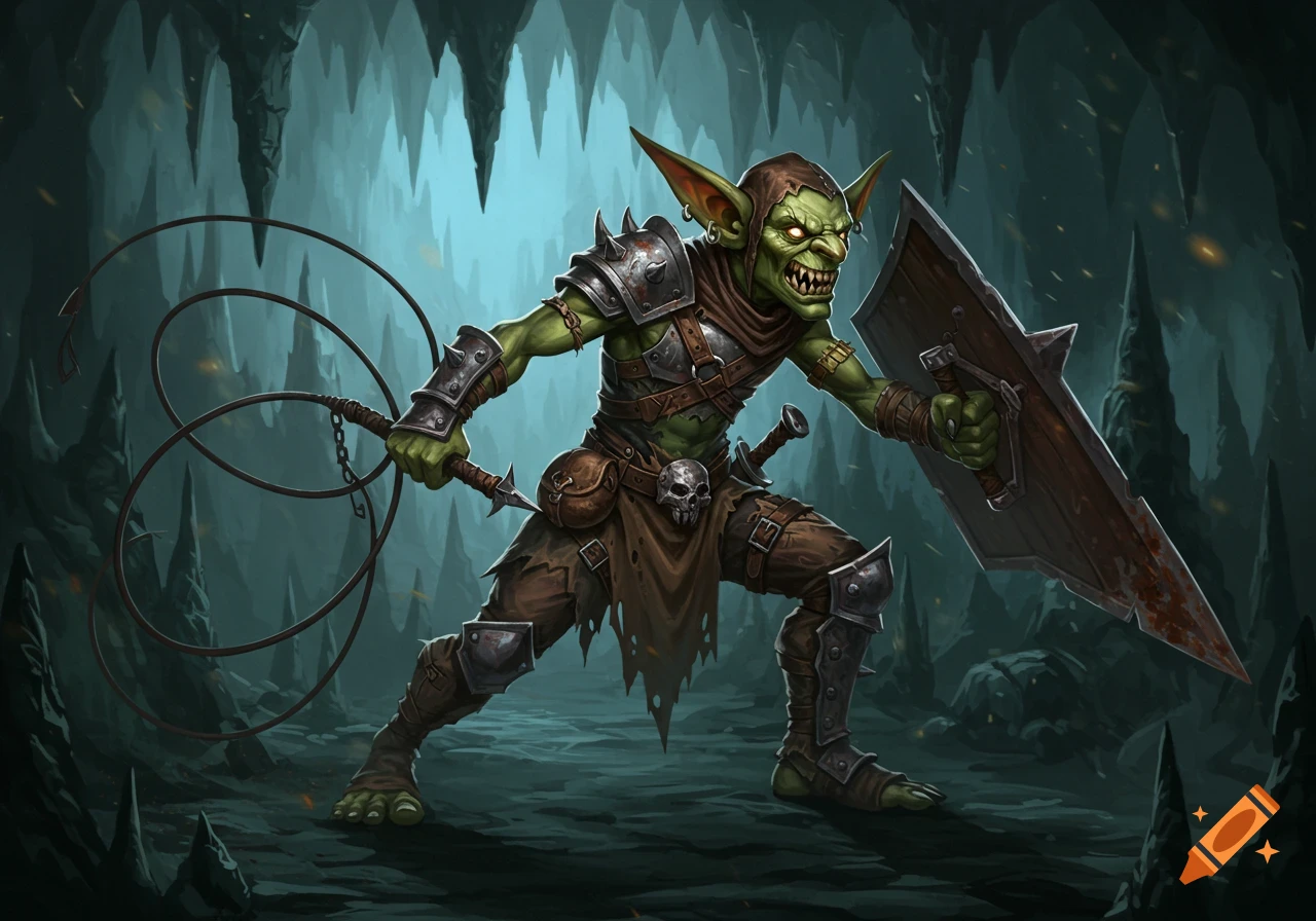 A green-skinned goblin in armor holds a whip and shield in a dark, stalactite-filled cave.
