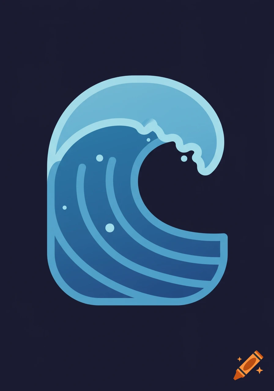 A simple flat icon of a blue tidal wave with a subtle gradient, curling to the right against a dark background.