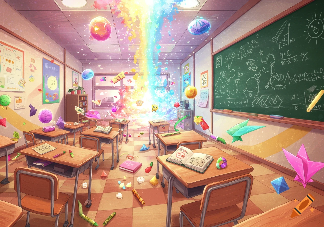 A vibrant anime-style classroom filled with floating objects and a bright rainbow explosion emanating from the center.