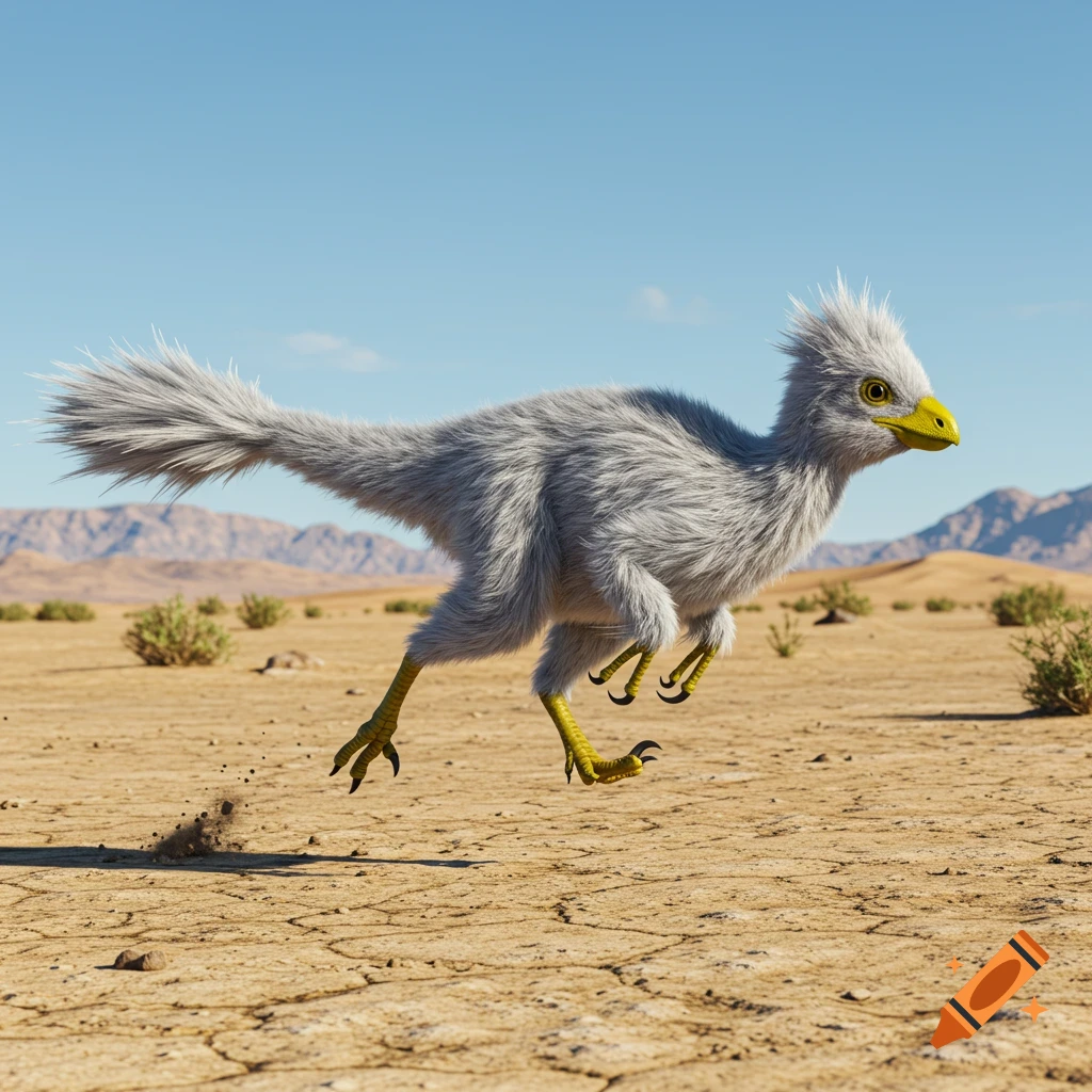 A small, fluffy gray and white dinosaur-like creature with a yellow beak and feet runs across a cracked desert landscape under a clear blue sky.