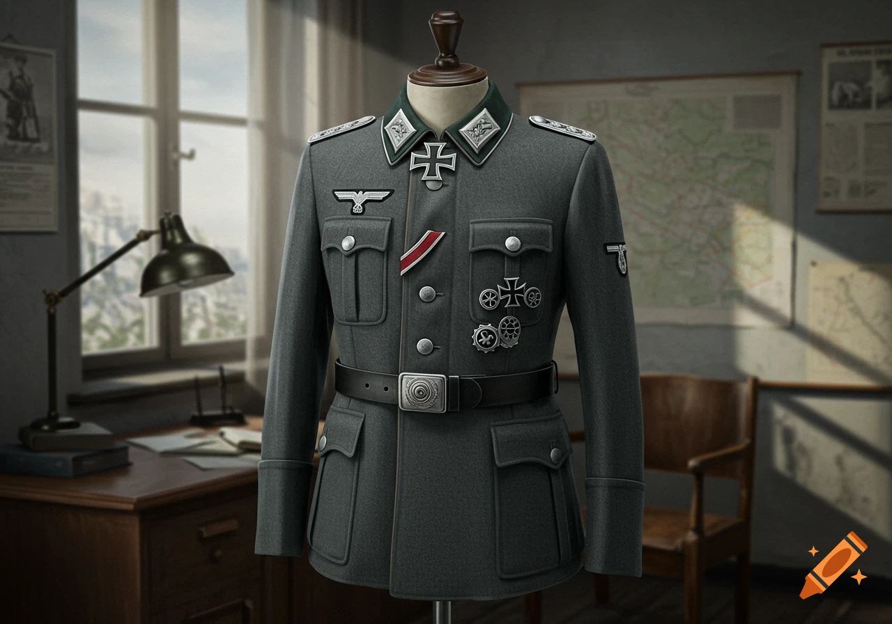 A detailed photorealistic depiction of a gray German military uniform on a mannequin in a room with a desk and window.