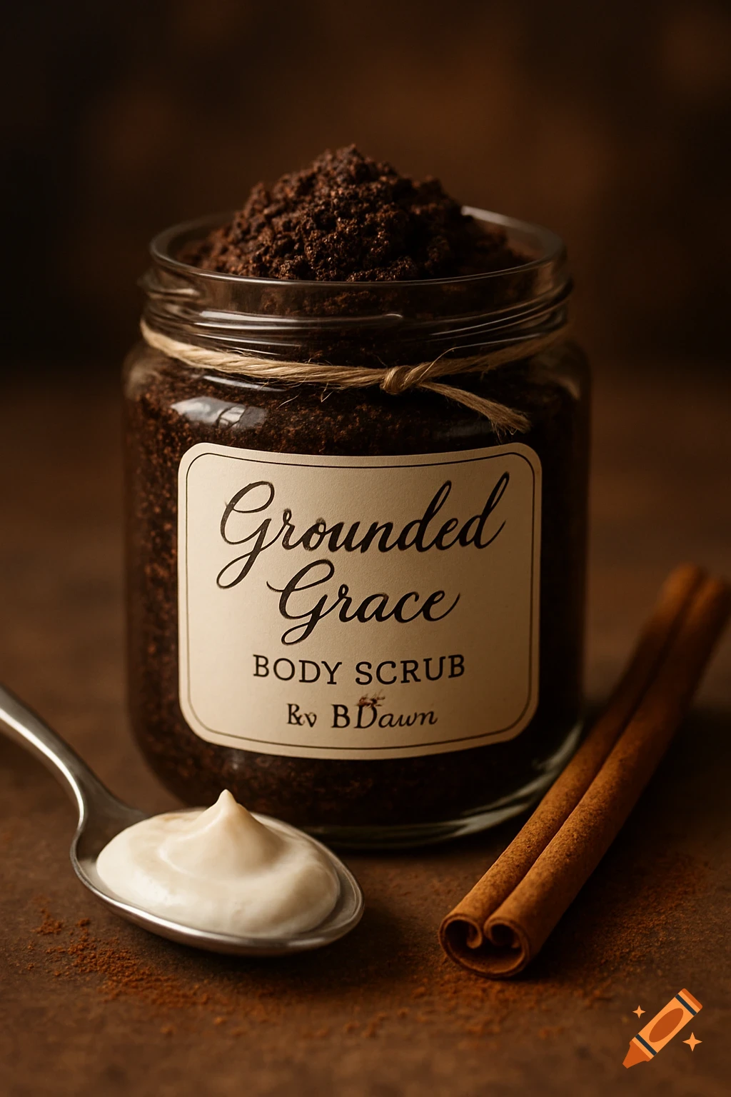 A jar of dark brown body scrub with a label reading "Grounded Grace BODY SCRUB Bv BDawn". A spoon with white cream and two cinnamon sticks are next to it.