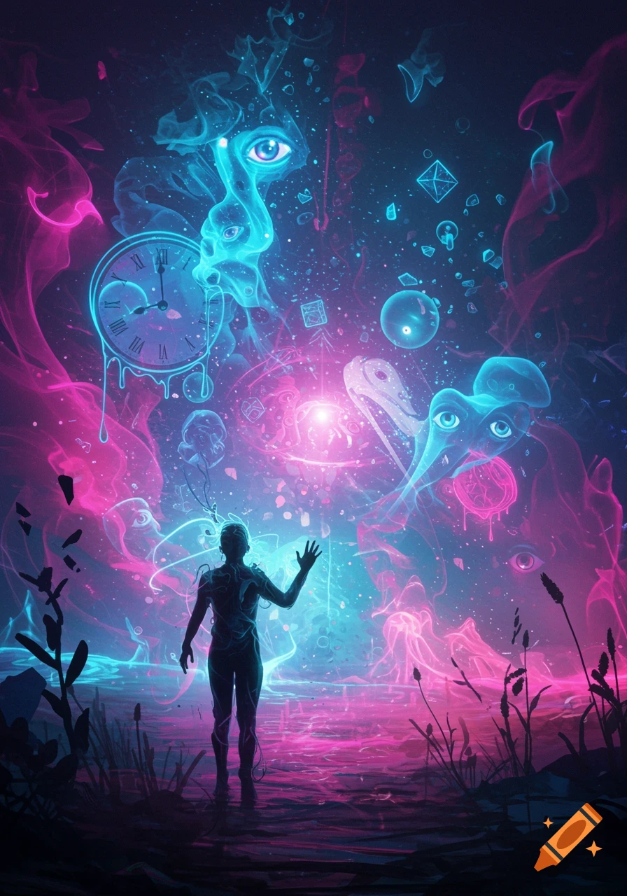 A person stands in a vibrant neon landscape with floating abstract eyes, a melting clock, and glowing tendrils.