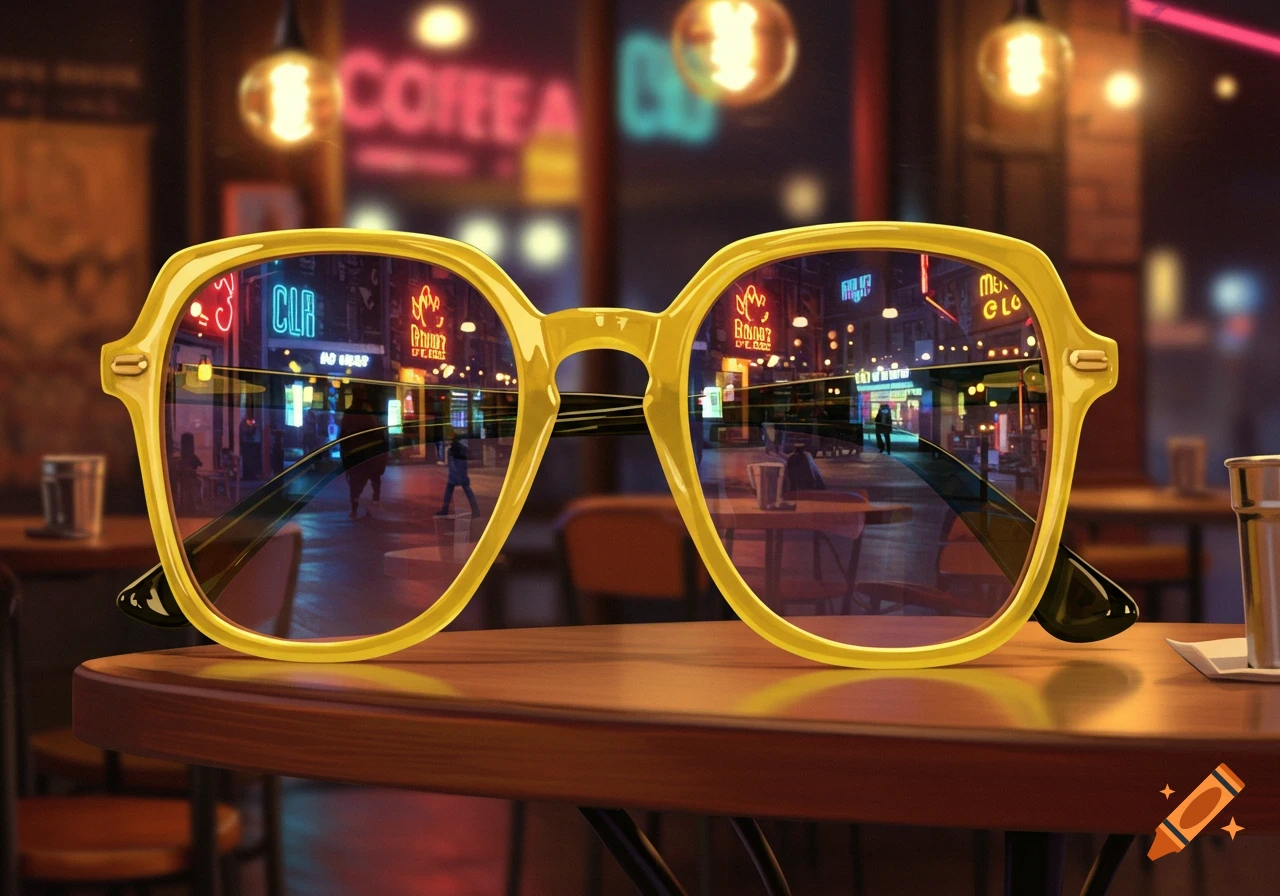 Close-up of oversized yellow-framed glasses on a wooden table, reflecting a neon-lit city street at night.