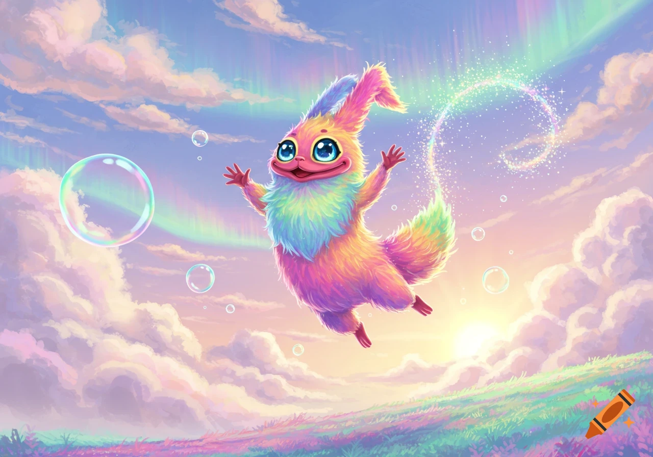A cheerful, fluffy, rainbow-colored creature flies among bubbles and clouds in a vibrant, fantastical sky.