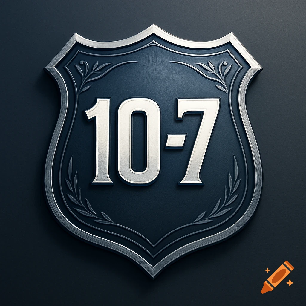 A silver and dark blue police shield logo with the numbers 10-7 prominently displayed in the center, featuring ornate detailing.
