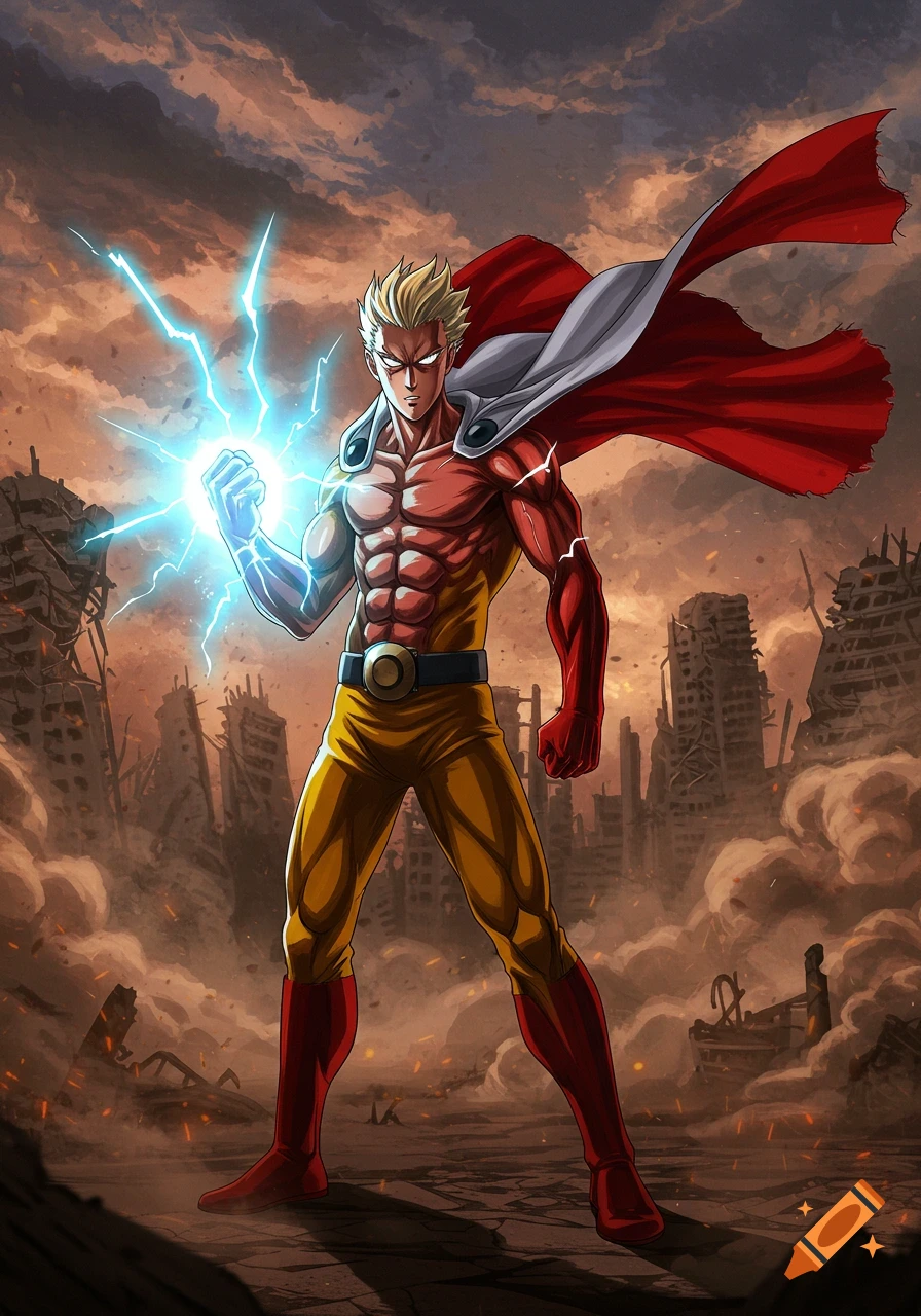 Muscular anime superhero with a red cape and yellow suit stands powerfully amidst a destroyed city, generating blue lightning from his fist.
