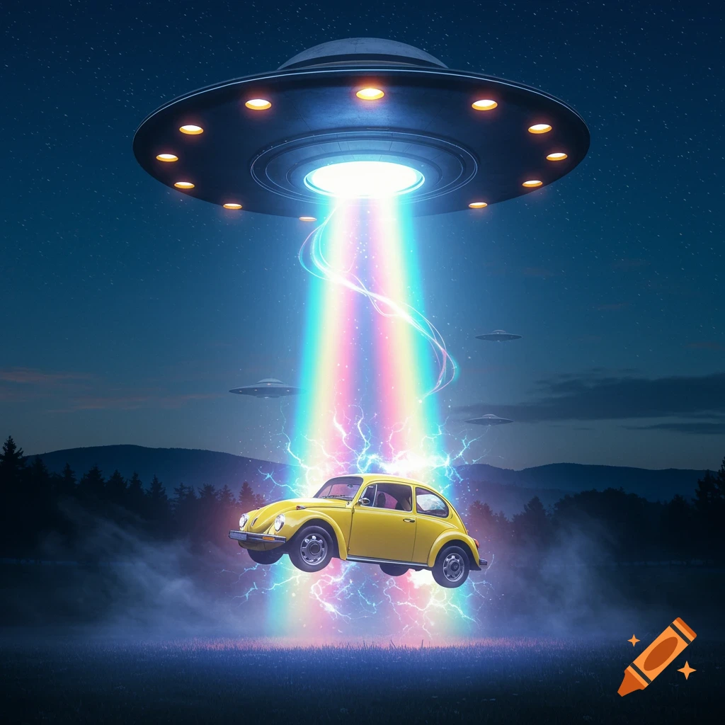 A UFO abducts a yellow classic Volkswagen Beetle with a rainbow beam and lightning at night.