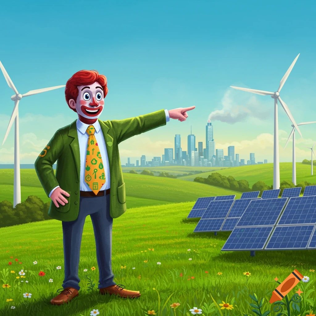 A cartoon clown in a green suit points across a field with wind turbines and solar panels and a city in the background.