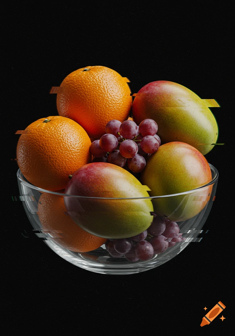A close-up shot of a glass bowl filled with oranges, mangoes, and red grapes, set against a black background with glitch distortion effects.