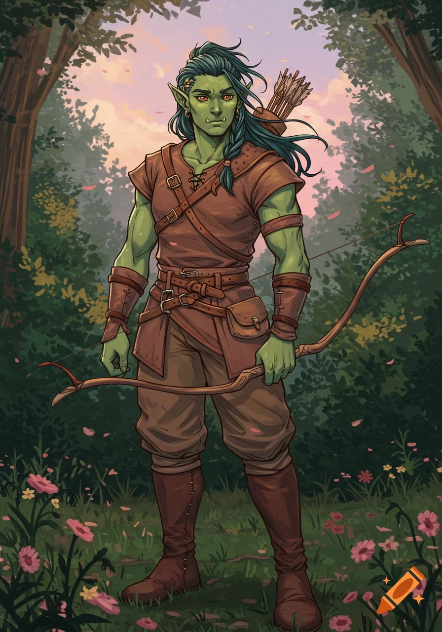 A green-skinned half-orc ranger with long blue-green hair stands in a forest, holding a bow, in a 90s anime style.