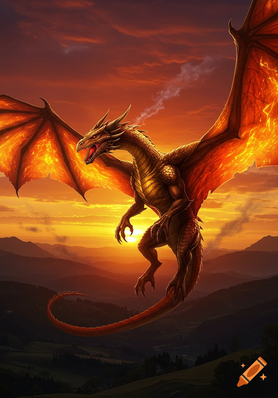 A majestic golden and red dragon with glowing wings flies over mountains at sunset.