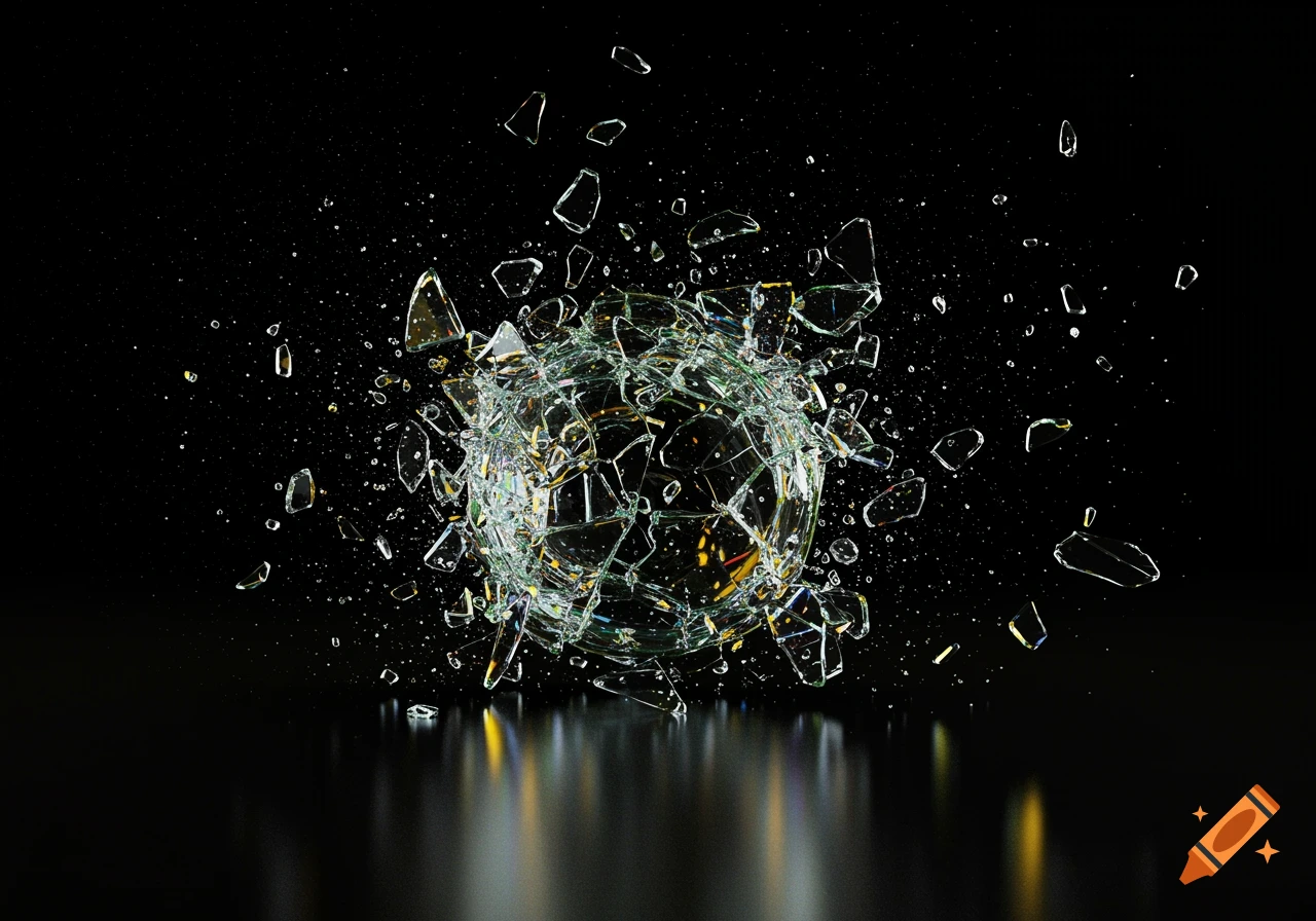 A glass sphere shattering into many pieces against a black background.
