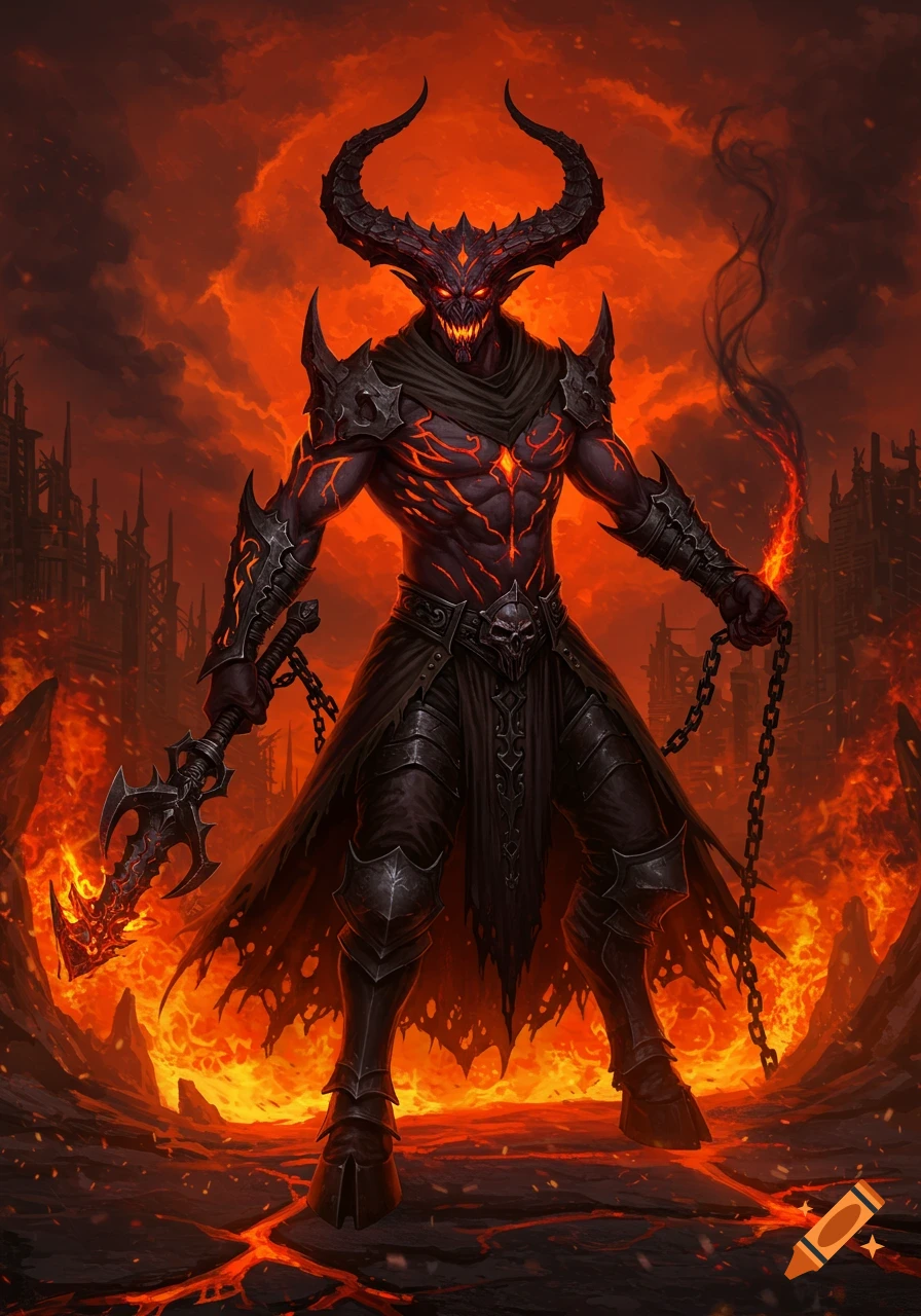 A towering, horned demon in dark armor with glowing cracks stands in a fiery hellscape, holding a spiked weapon and chains.