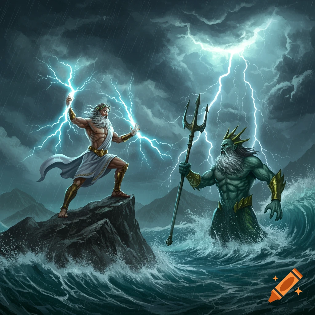 Digital art illustration of Zeus holding lightning and Poseidon with a trident emerging from stormy seas with mountains in the background.