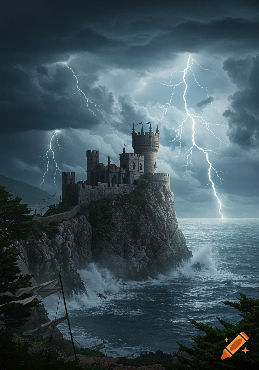A dramatic old castle on a rocky cliff by a stormy ocean with lightning in the dark sky.