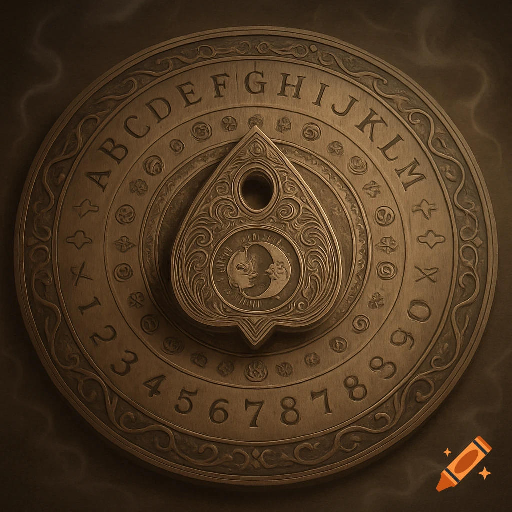 Ornate round bronze Ouija board with a detailed planchette, featuring the alphabet and numbers.