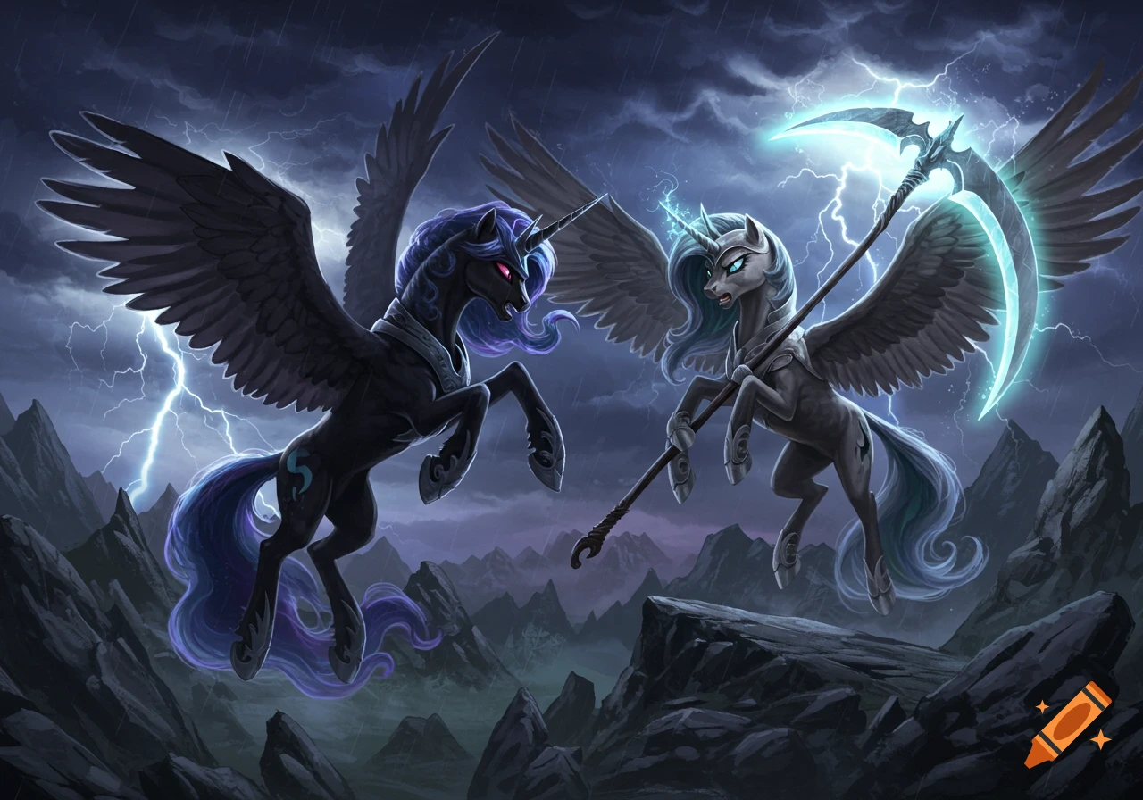 Two alicorns, one black and one gray with a glowing scythe, confront each other in a stormy, lightning-filled mountain landscape, digital art.