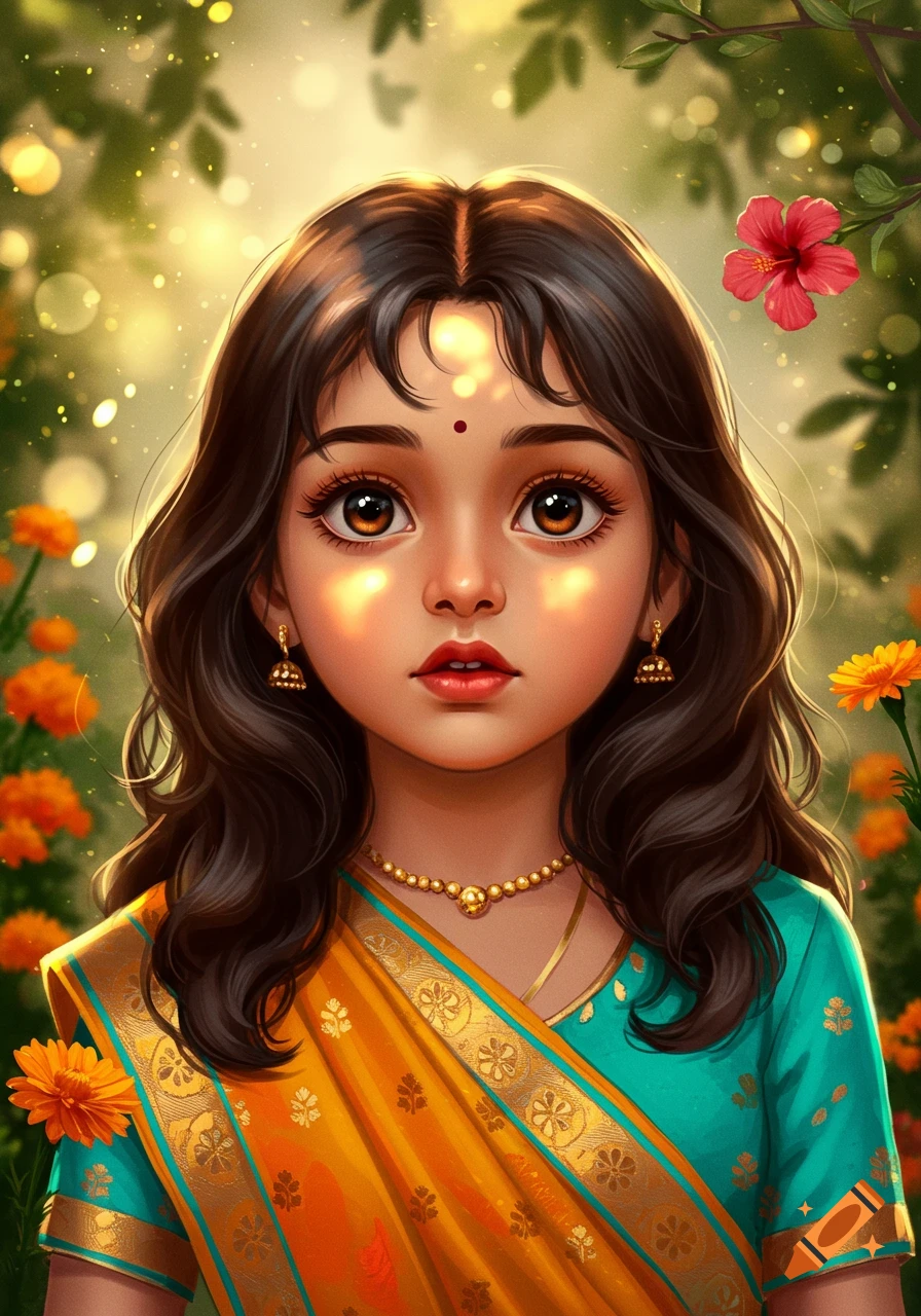 Stylized portrait of a young Indian girl with big brown eyes, dark hair, wearing a yellow and teal sari, amidst flowers and sparkling light.