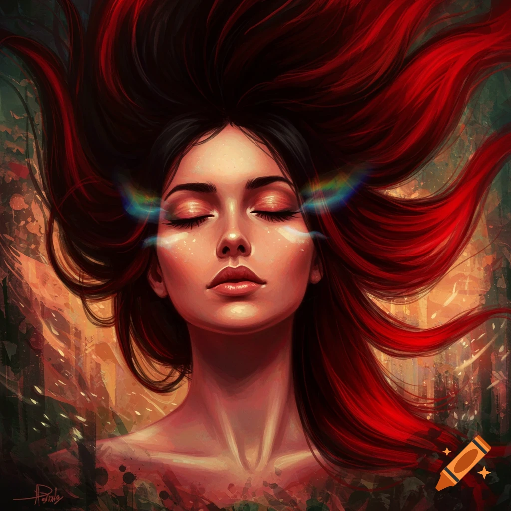 A surrealist painting of a woman with closed eyes, black and red flowing hair, and rainbow light streaks across her face.