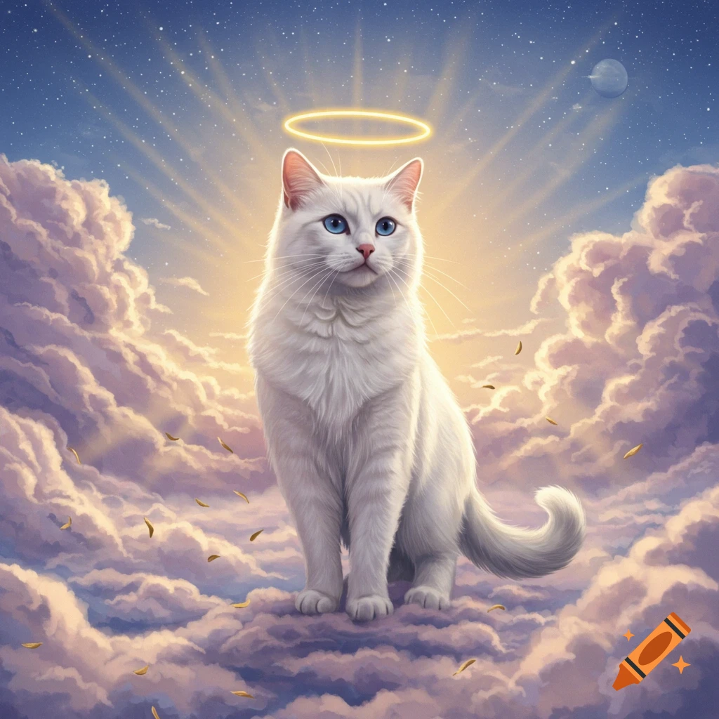 A white cat with blue eyes and a glowing halo stands on fluffy clouds, surrounded by bright light rays and a starry sky.