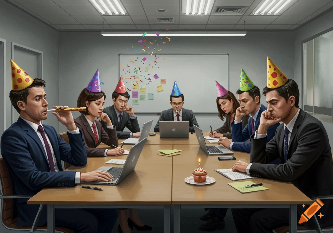 A group of bored office workers in party hats sit around a conference table with laptops and a cupcake, one blowing a party horn.