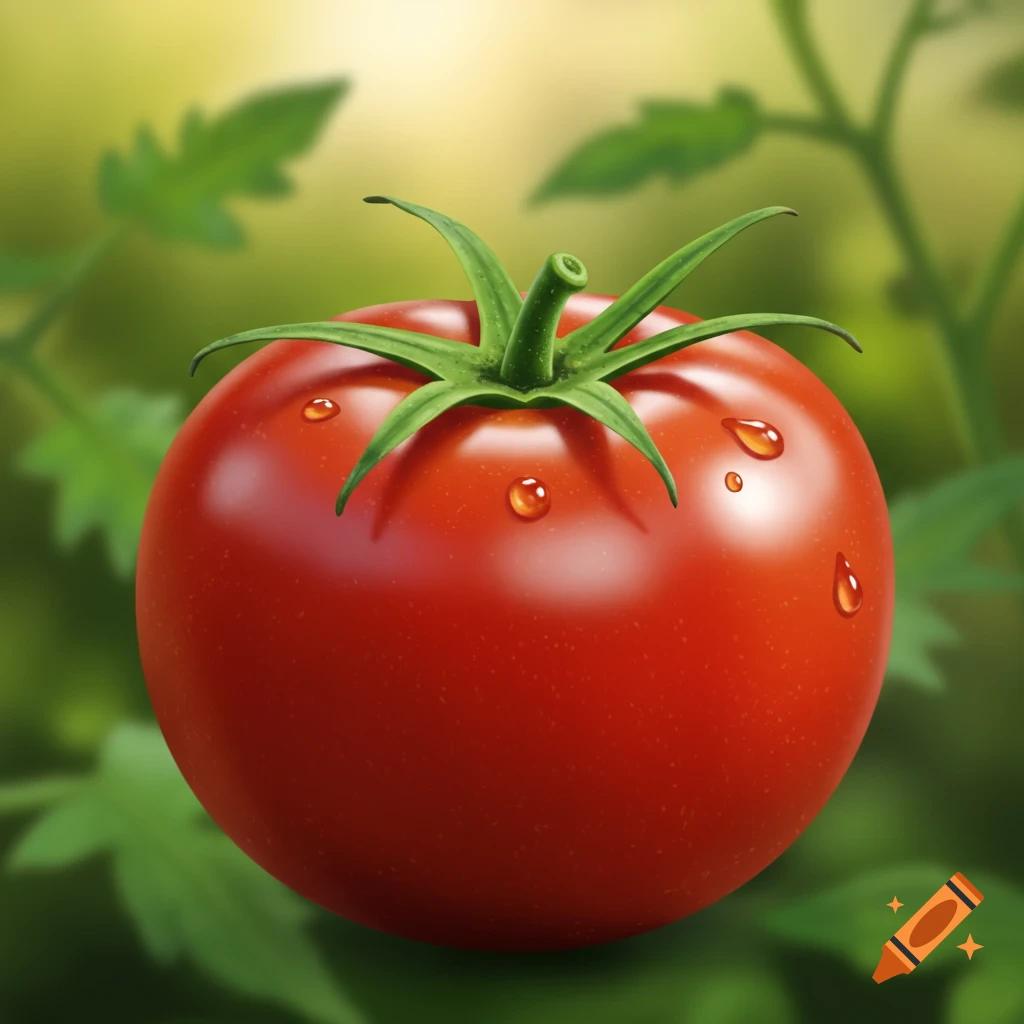 A photorealistic close-up of a red tomato with green leaves and water droplets, against a blurry green background.
