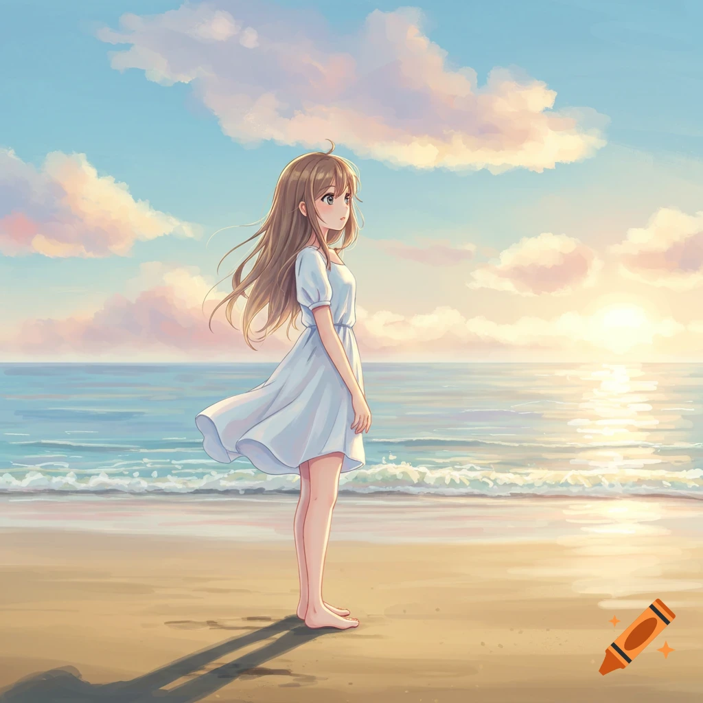 An anime girl with long brown hair stands on a sandy beach looking out at the ocean during sunset.