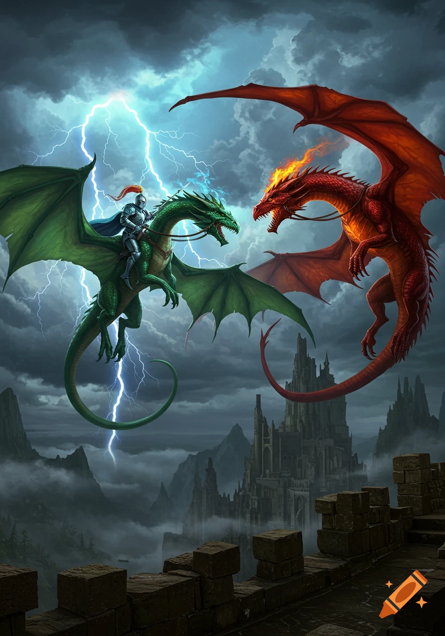 A green dragon with a knight rider and a red fire-breathing dragon duel in a stormy sky above a dark castle and mountains.