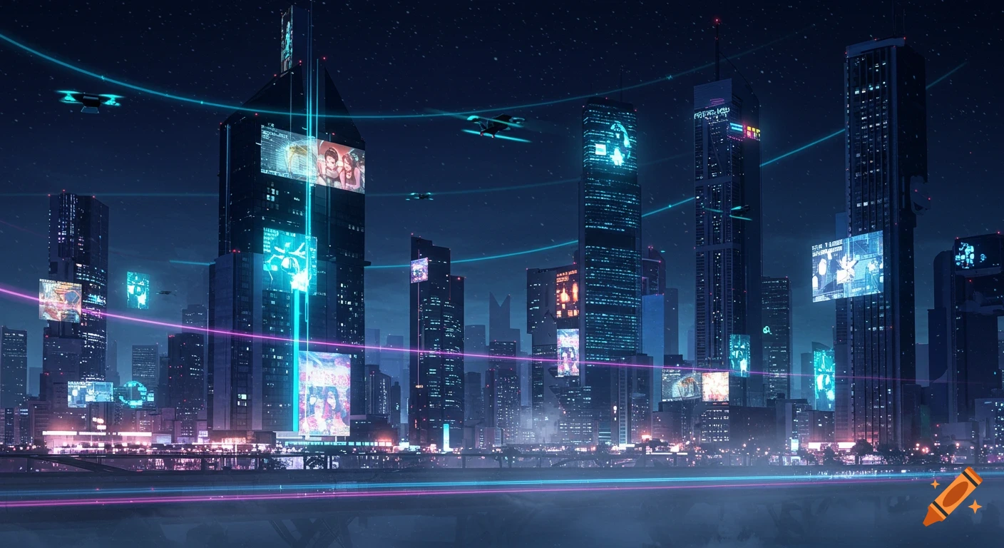 A dark futuristic city at night, with tall skyscrapers illuminated by vibrant blue and pink neon lights and large digital billboards. Flying drones are visible in the sky.