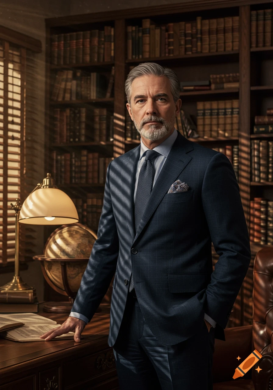 A distinguished man with gray hair and a beard, wearing a suit, stands in a richly paneled library next to a desk with a lamp and open book.