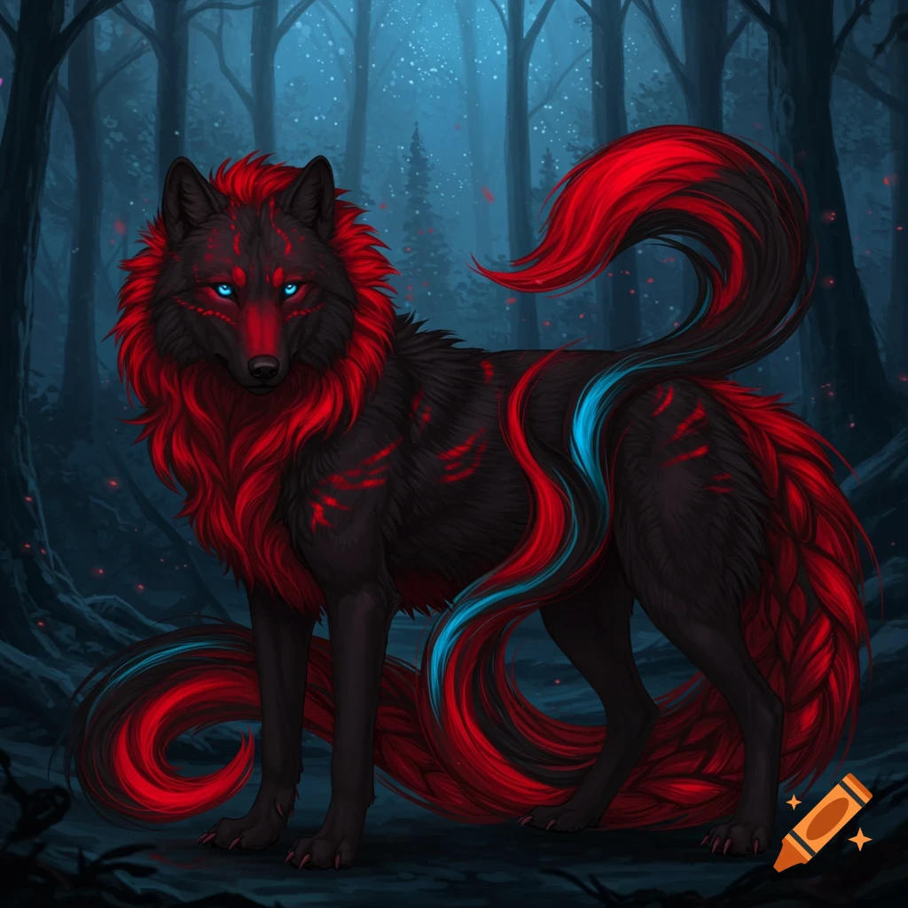 A majestic black wolf with striking red and blue fur, and glowing blue eyes, stands in a dark fantasy forest.