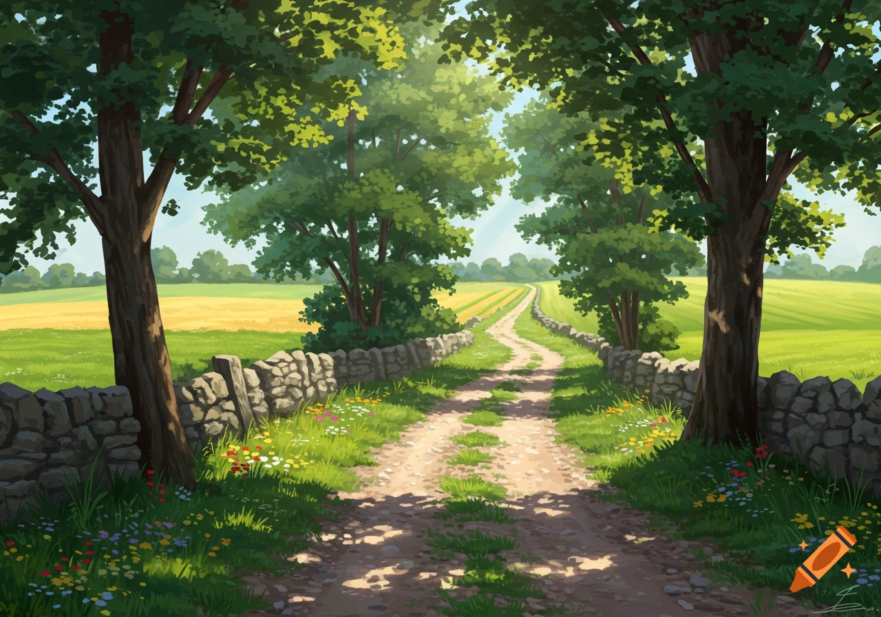 A dirt road winds through a sunny, green landscape, flanked by stone walls and large trees, leading to distant fields.
