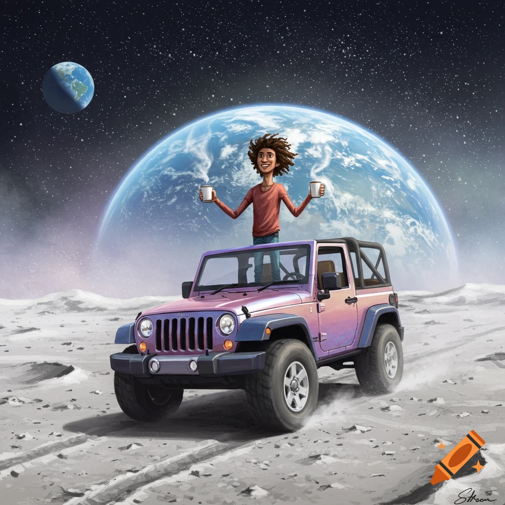 An illustration of a person with curly hair standing in a pink Jeep on the moon, holding coffee, with Earth and a moon in the starry sky.