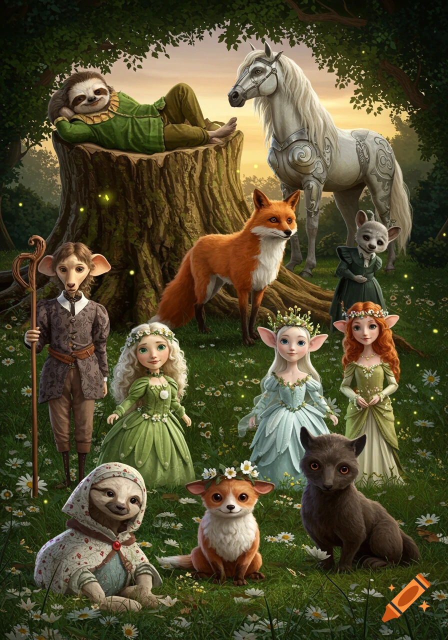 A whimsical fantasy illustration of anthropomorphic animals and small figures, including a sloth, fox, horse, mice, and fairies, gathered in a lush, daisy-filled forest at sunset.
