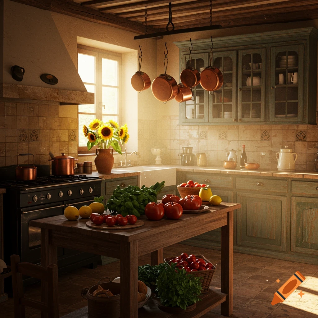 A rustic kitchen bathed in sunlight, with copper pots, fresh vegetables, and sunflowers on a wooden table.