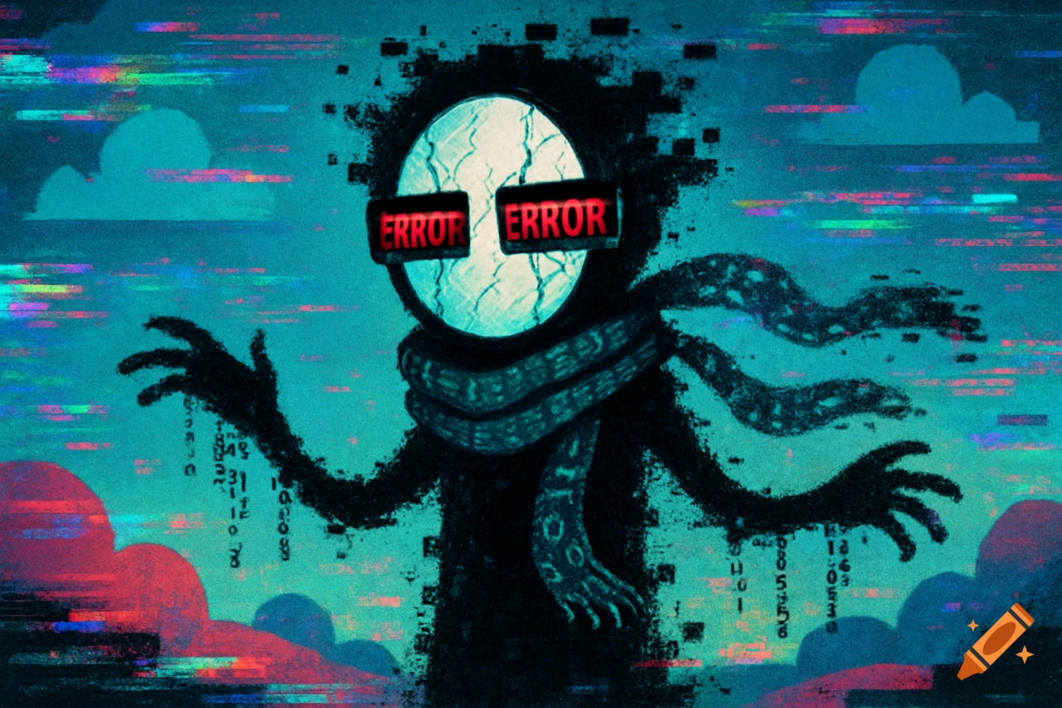 Cartoonish black glitch character with ERROR text eyes, a white oval face, and a scarf of data strings, against a blue sky with digital corruption effects.