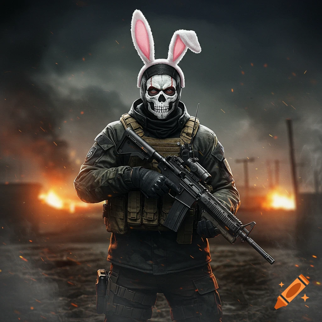 A military soldier wearing a skull mask and pink bunny ears, holding a rifle, standing in a war-torn urban landscape with fires.