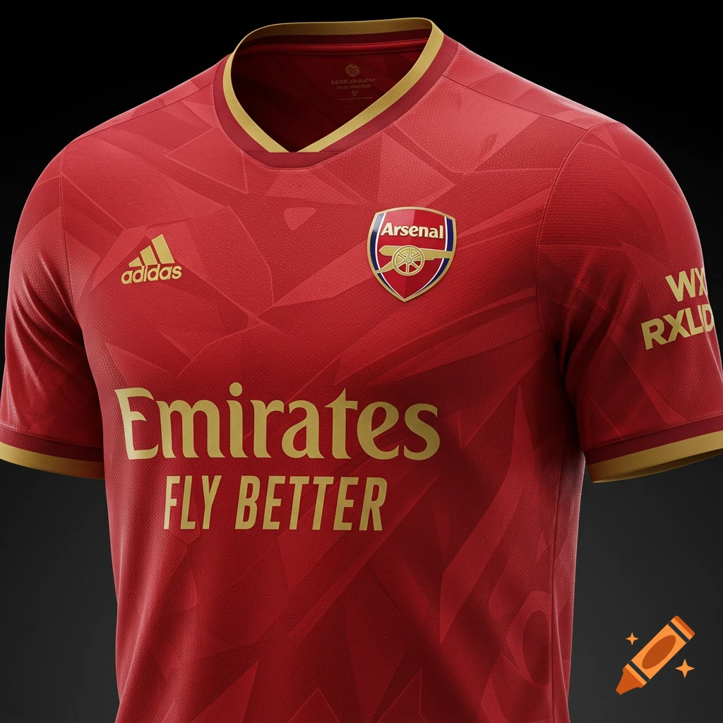Close-up product shot of a red and gold Arsenal football jersey featuring the Adidas logo, Arsenal badge, and 'Emirates FLY BETTER' sponsor.