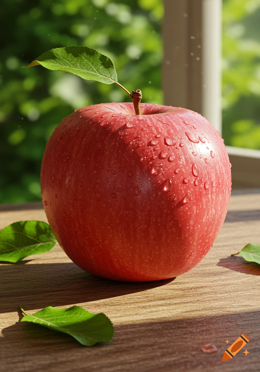 A vibrant red apple with water droplets sits on a wooden table, a green leaf still attached to its stem, against a blurred green background. Photorealistic style.