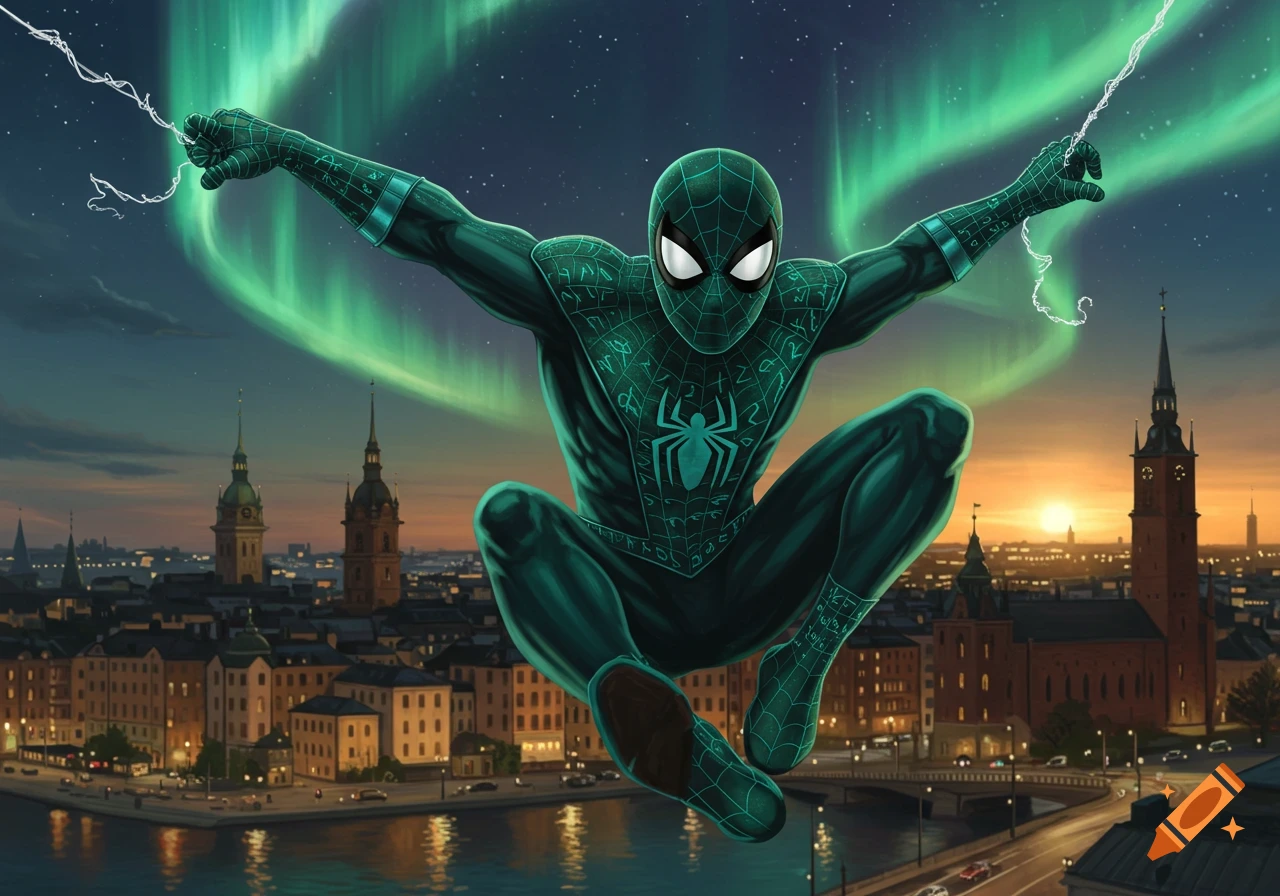 A dark teal Spider-Man swings over a detailed city at dusk, with the green aurora borealis in the night sky.